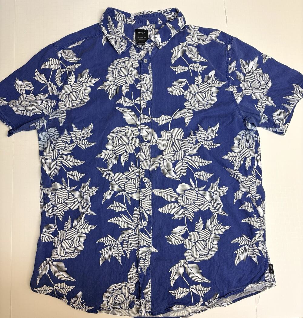 RVCA Shirt Mens XXL Blue Floral Tropical Short Sleeve Button Up Regular Fit READ